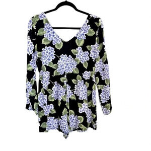 MinkPink Women’s Long Sleeve V-Neck Black w/ Purple Floral Romper Size S GUC
